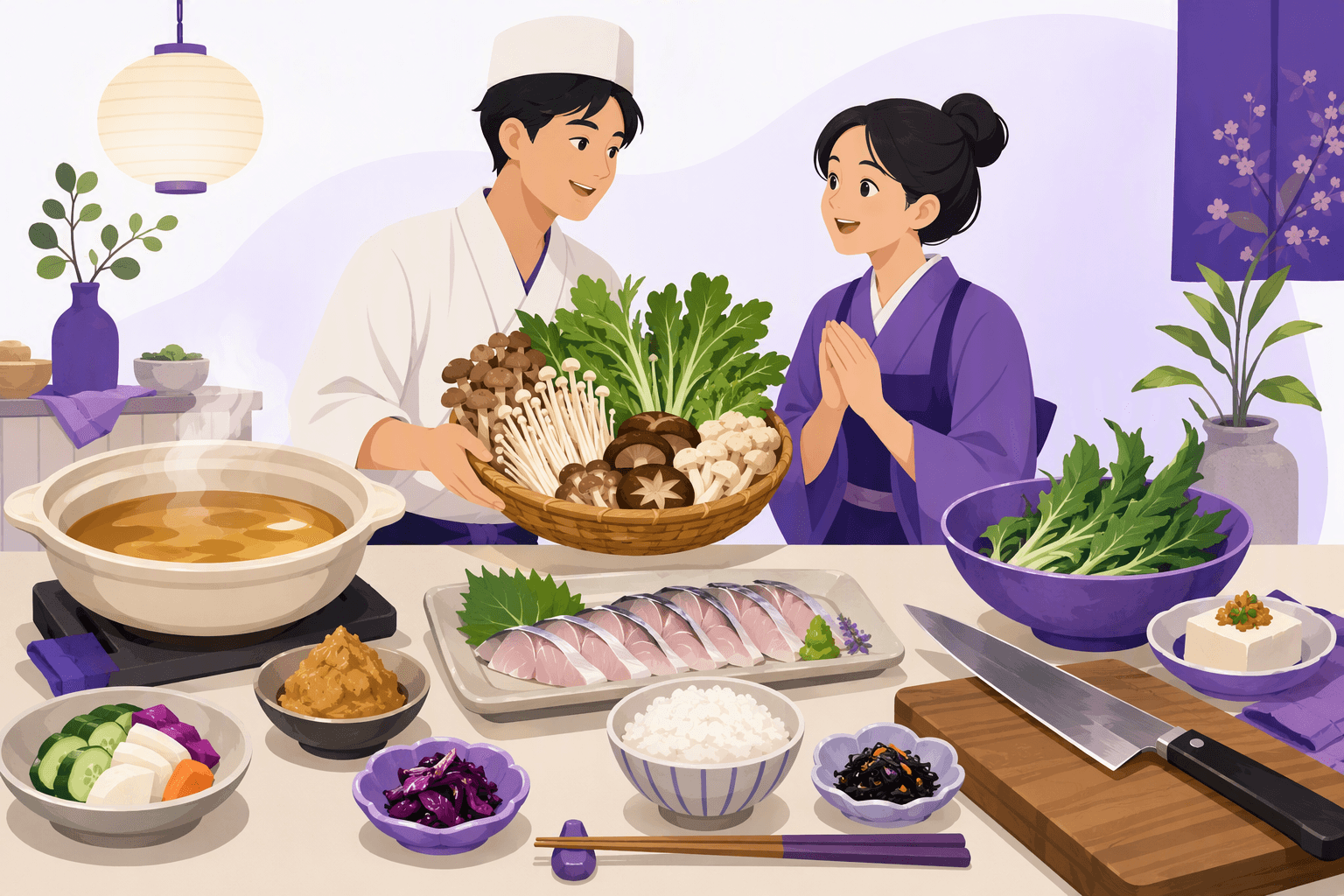 Flat-vector scene showing seasonal Japanese ingredients, dashi broth, fermented and pickled foods, sliced fish, rice, utensils, and small dishes arranged on a tabletop.