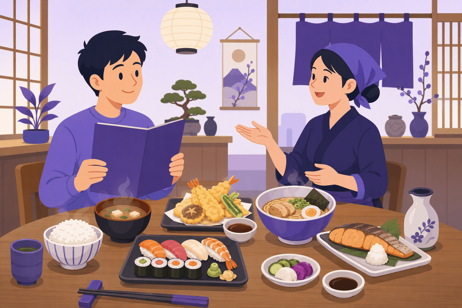 Flat-vector scene of a diner at a traditional Japanese restaurant surrounded by rice, miso soup, sushi, tempura, ramen, grilled fish, condiments, tea, chopsticks, and other meal items.