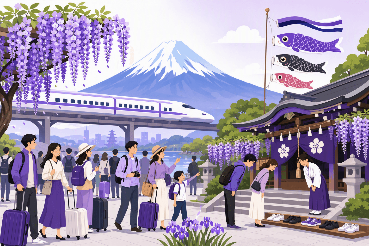 Flat-vector illustration of Golden Week in Japan showing a busy Shinkansen station, travelers with luggage, Mount Fuji, seasonal flowers and carp streamers, and visitors practicing respectful shrine etiquette.