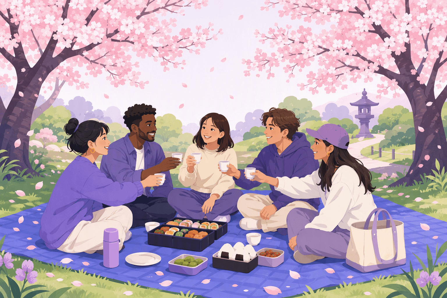 Friends sitting on a blue picnic tarp under blooming cherry trees, sharing bento boxes and raising cups for a toast