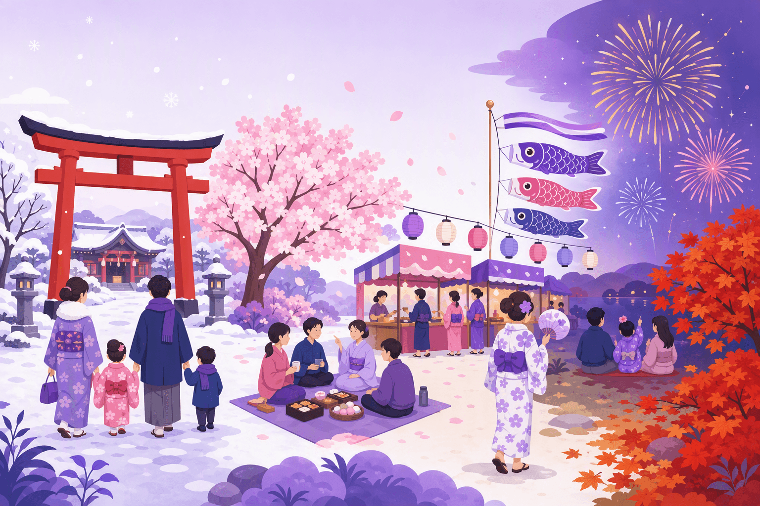 The Japanese festival year in one scene: a snow-covered shrine gate, a cherry blossom picnic, lantern-lit food stalls, carp streamers, fireworks and red autumn maple leaves
