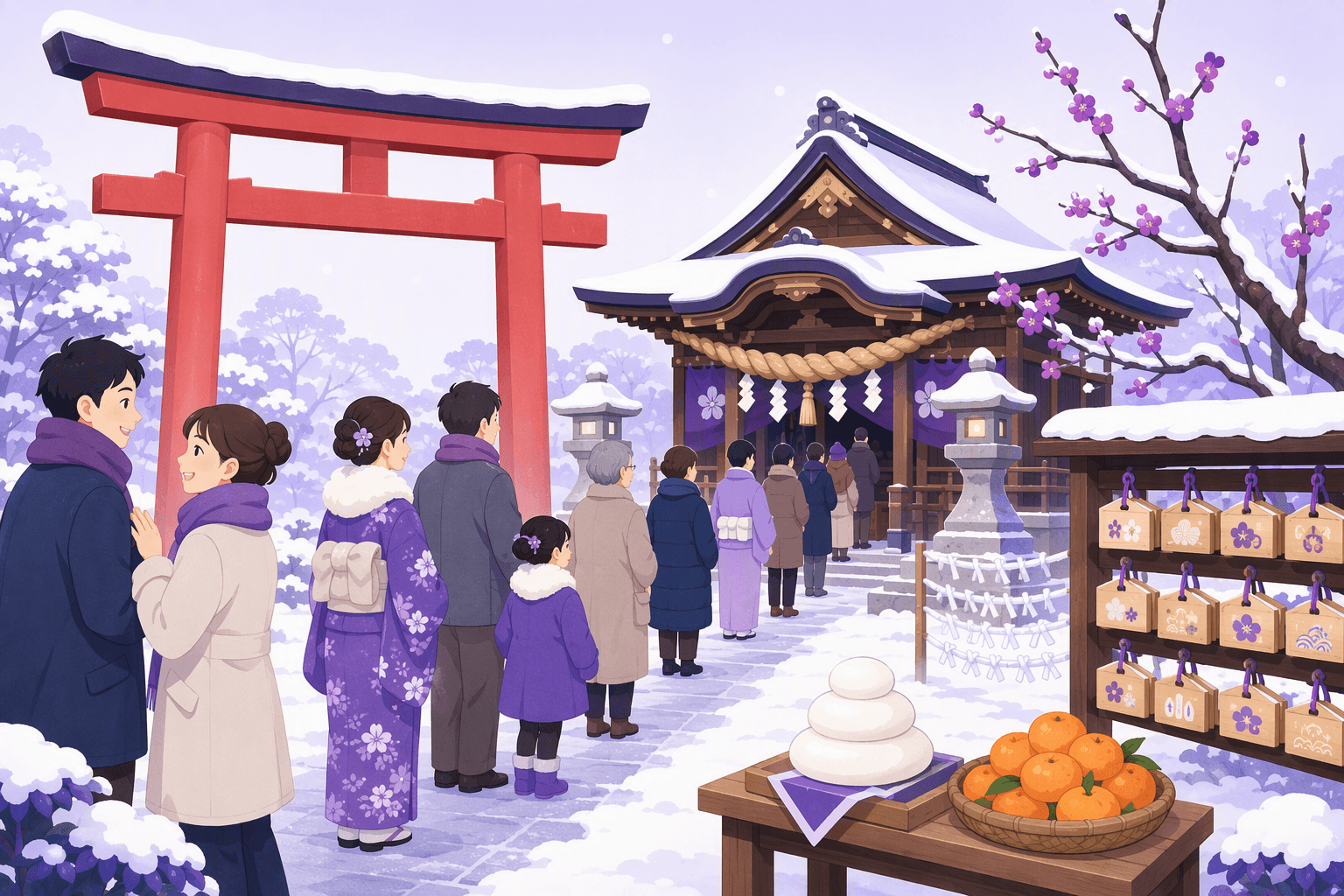 New Year shrine visit in the snow: people queuing under a red torii gate, wooden votive plaques on a rack, paper fortune slips tied beside a plum tree, and stacked rice cakes with mandarin oranges