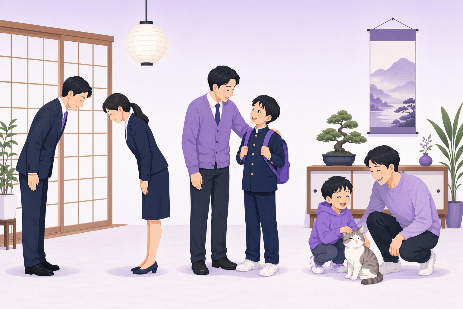 Three Japanese social situations side by side: two adults in business suits bowing to each other, a teacher resting a hand on a schoolboy's shoulder, and an adult crouching beside a small child petting a cat