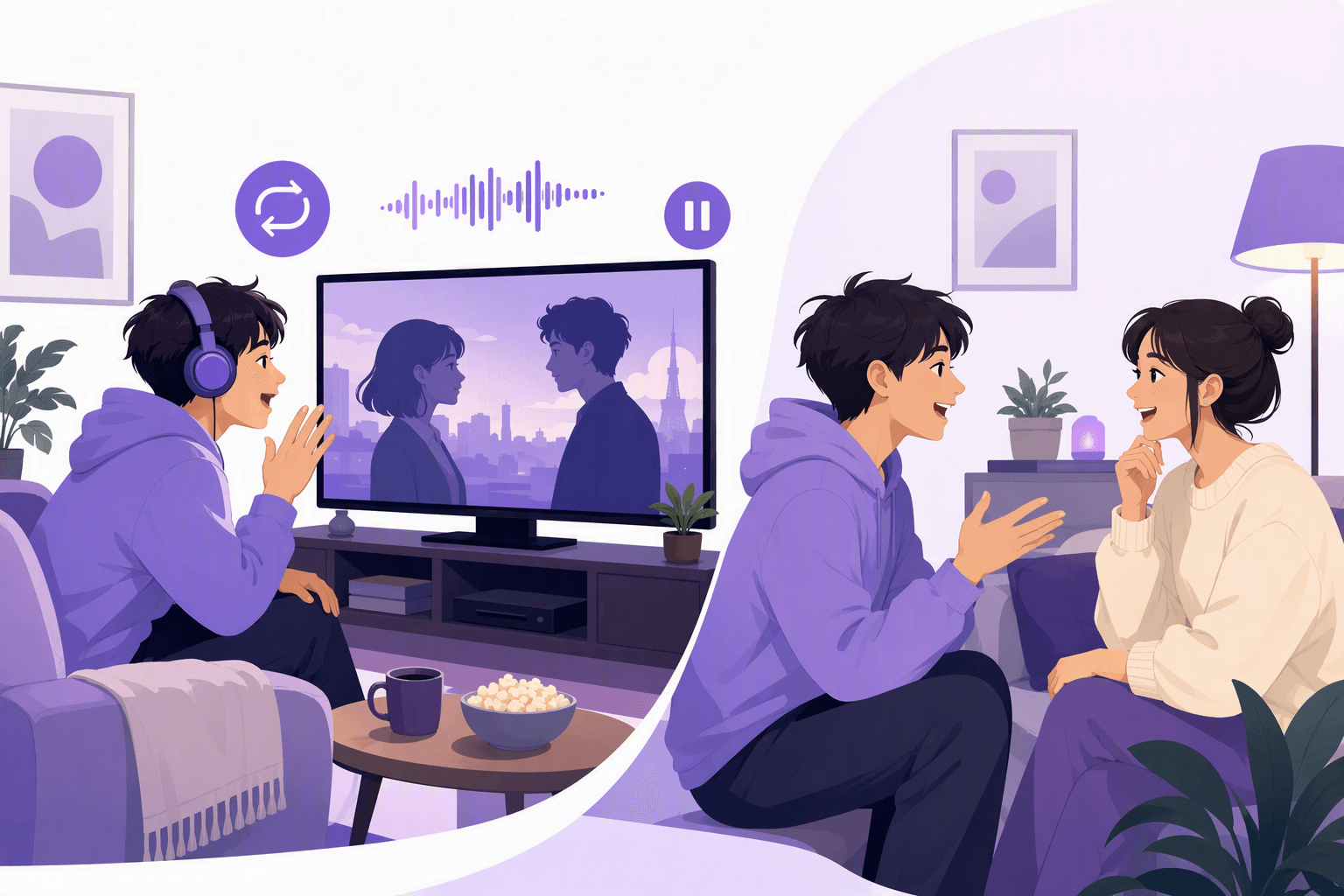 A learner in headphones replaying a short film scene on a screen and shadowing the line out loud, then saying the same phrase to a friend on the sofa