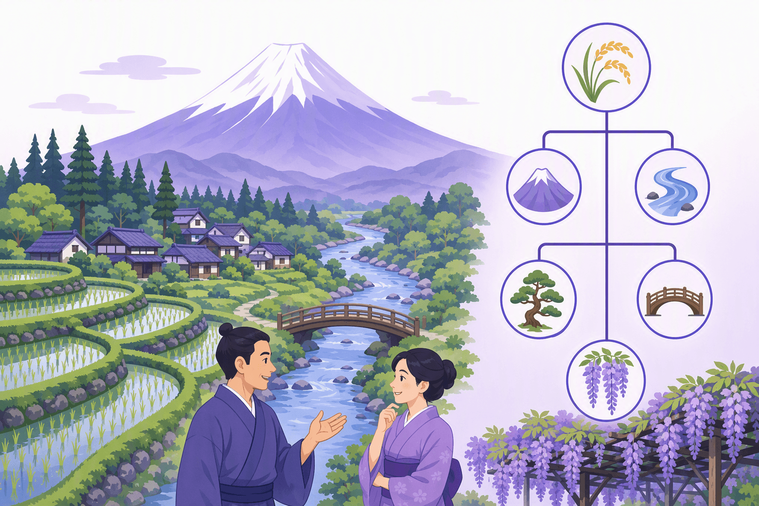 A Japanese village between terraced rice paddies, a mountain, a river with an arched wooden bridge and a pine forest, with a family tree diagram whose circles hold nature icons and a wisteria trellis