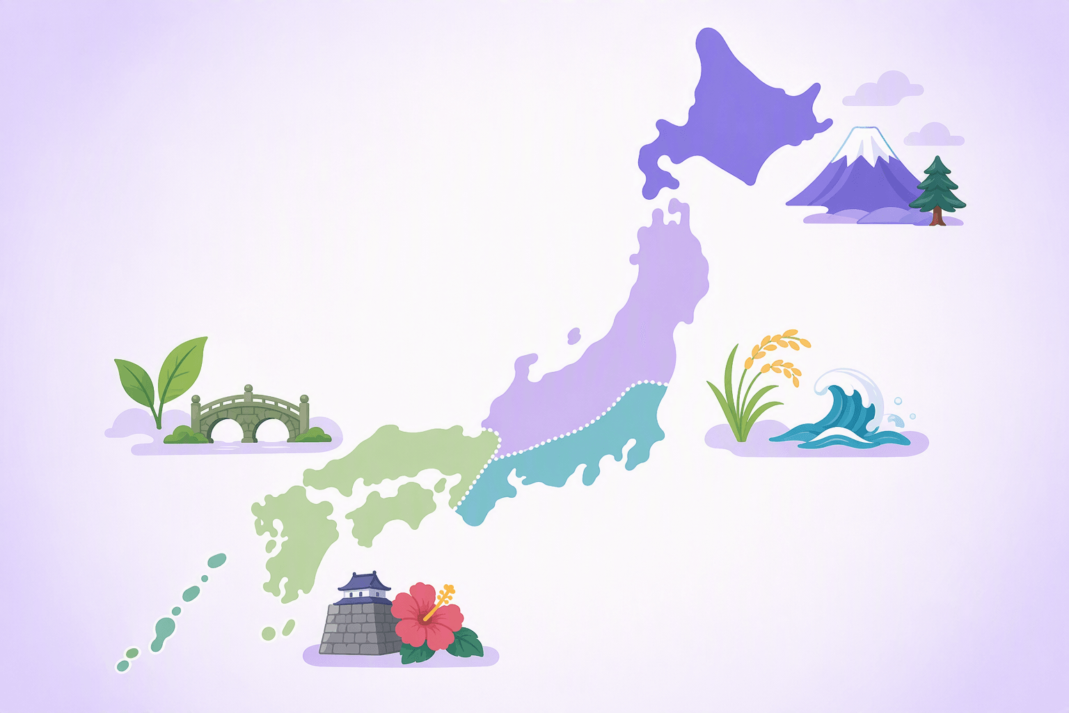 A simplified map of the Japanese islands split into colored regions, with small icons floating beside them: a snowy mountain and pine in the north, a rice stalk and ocean wave on the Pacific side, a tea leaf and stone bridge in the west, and a castle wall with a hibiscus flower by the southern island chain