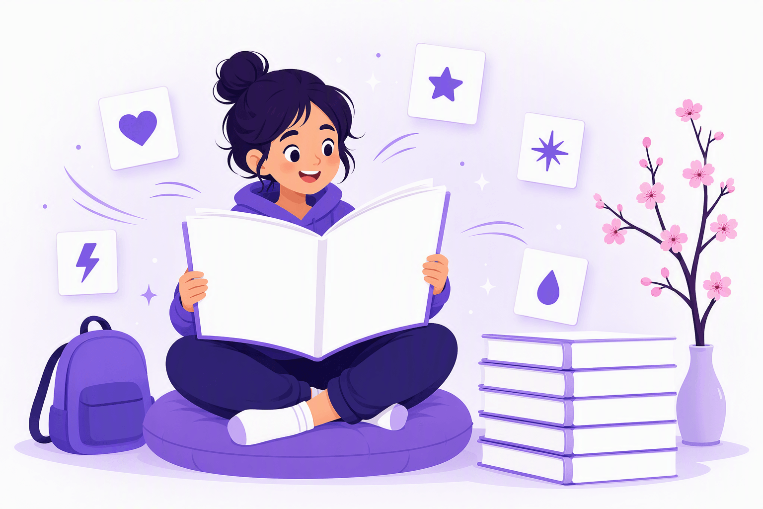 A young reader sitting cross-legged with an open comic book, surrounded by a stack of volumes, a school backpack and small symbol cards for emotion and sound