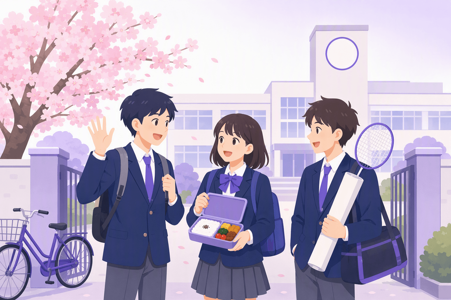 Three students in school uniforms outside a school gate under cherry blossoms, one waving, one holding an open bento box, one carrying club sports gear