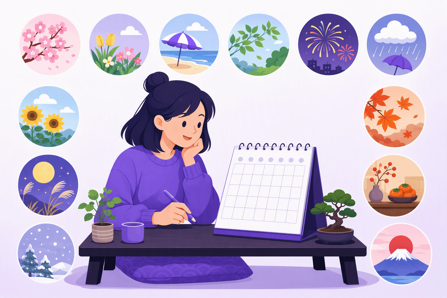 Flat-vector illustration of a learner studying a twelve-page calendar with Japanese seasonal symbols, a birthday cake, and Mount Fuji representing months, dates, birthdays, and seasonal events.