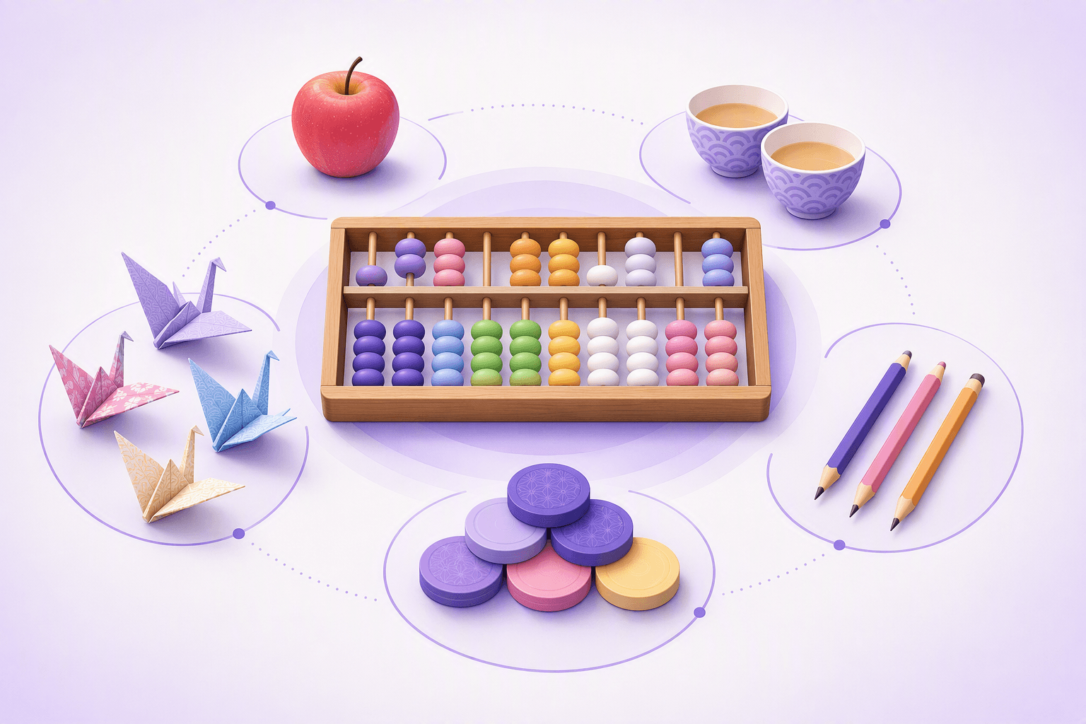 A Japanese soroban abacus surrounded by everyday objects grouped in growing quantities: one apple, two teacups, three pencils and a set of paper cranes