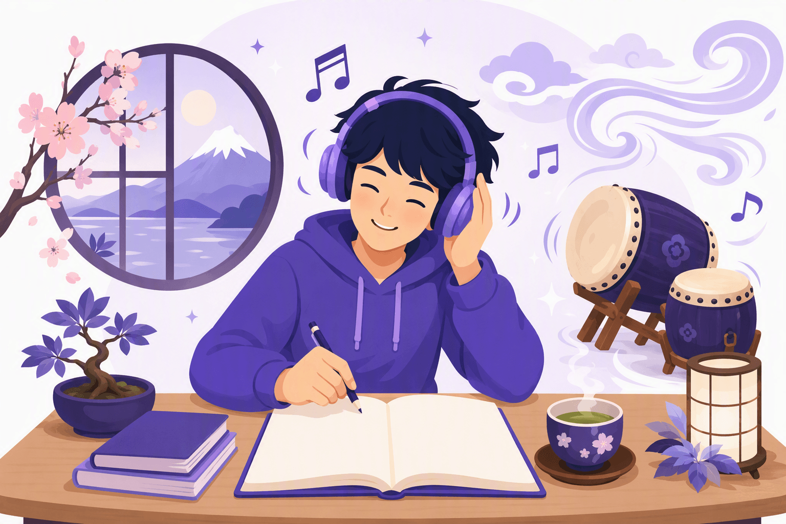 Flat-vector illustration of a cheerful learner with headphones studying at a desk beside an open blank notebook, surrounded by drums, swirling wind, soft clouds, sparkles, and a steaming cup of tea to represent Japanese sound words and sensations.