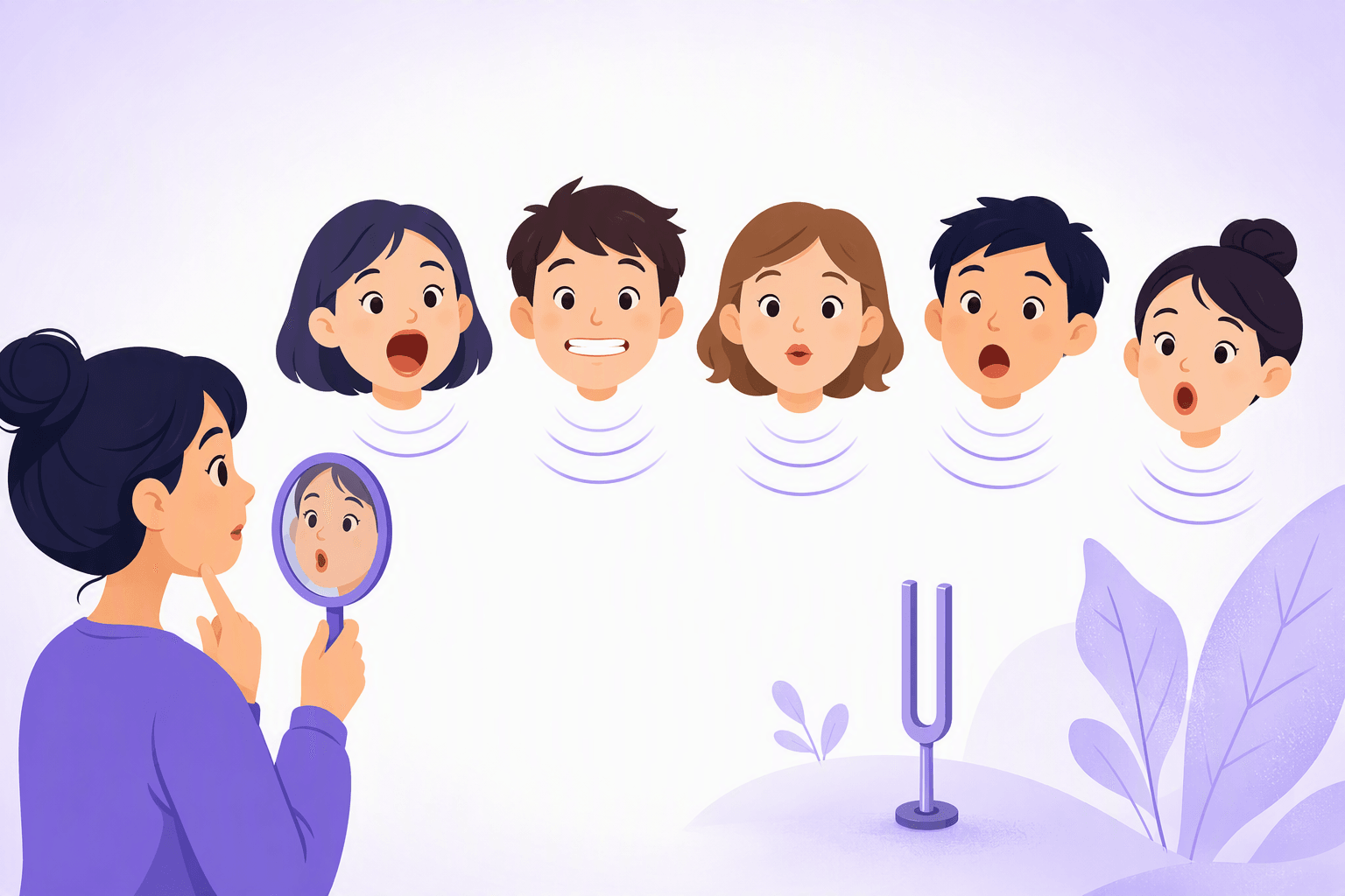 חמישה ראשי קריקטורה ידידותיים בקשת עדינה, כל אחד עם צורת שפתיים שונה בבירור: פתוחה לרווחה ורפויה, פרושה שטוחה כמו חיוך, קטנה ומעוגלת ברכות, אליפסה חצי-פתוחה, ועיגול מעוגל לגמרי, כל אחד עם קשת גל קול דקה המתעקלת הרחק מהפה, בעוד לומד בצד שמאל מחזיק מראה יד עגולה וקטנה ובודק את צורת השפתיים שלו לצד קולן פשוט