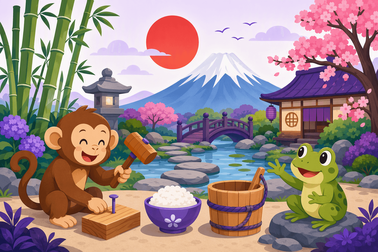 Flat-vector Japanese garden scene featuring a monkey, frog, rice bowl, bucket, hammer and nail, stepping stones, bamboo, and Mount Fuji beneath a bright sun.