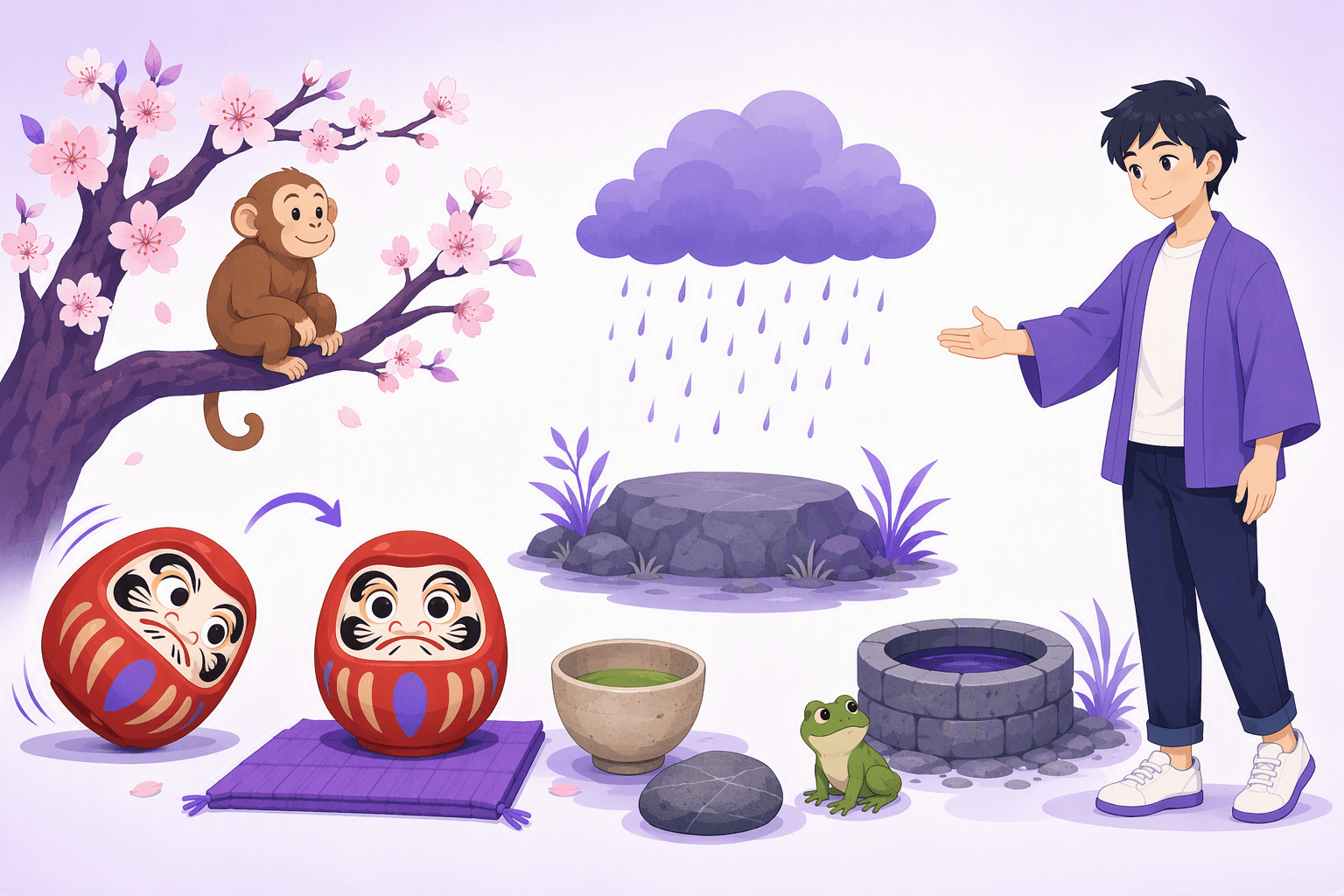 Illustrated symbols behind famous Japanese proverbs: a daruma doll tipping over and standing up again, a monkey on a cherry blossom branch, rain falling on firm ground, a tea bowl, a stone, and a frog beside a well