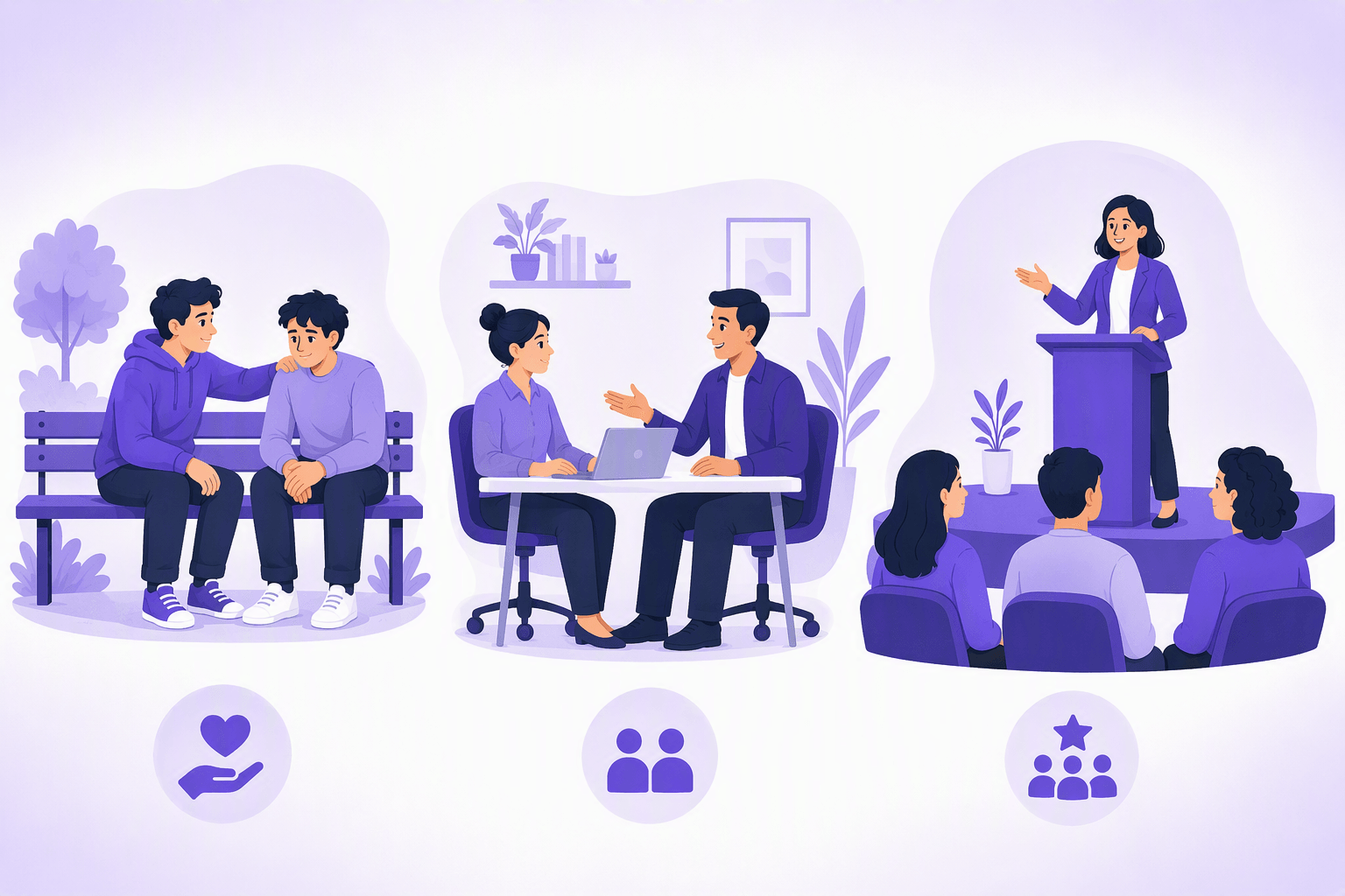 Three settings where a Japanese saying lands differently: a friend comforting a friend on a park bench, two colleagues talking at an office desk, and a speaker addressing a small seated audience