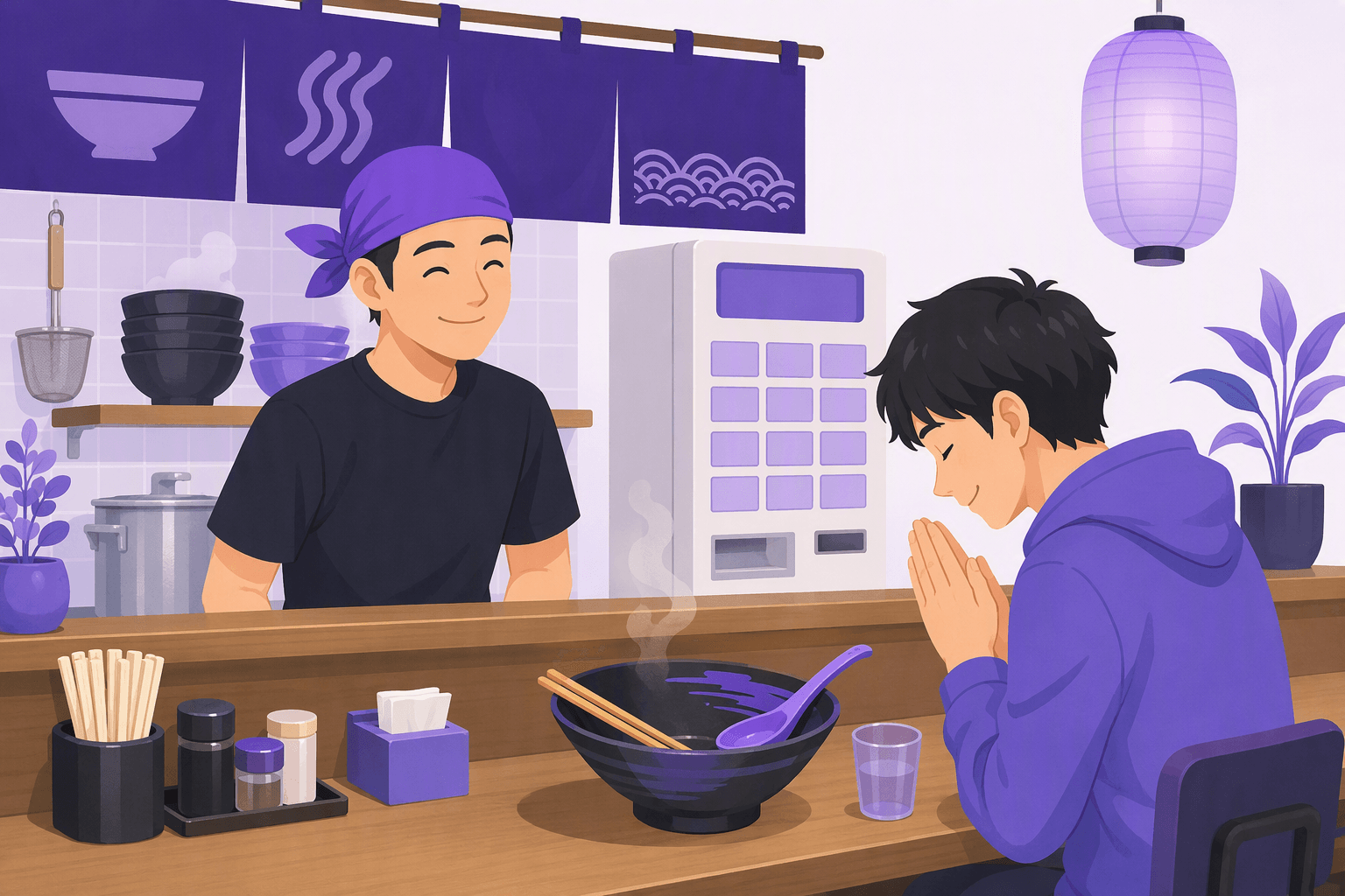 Flat-vector scene inside a Japanese ramen shop showing a ramen bowl with common toppings, a blank ticket vending machine, dining utensils, and a customer demonstrating polite eating etiquette.