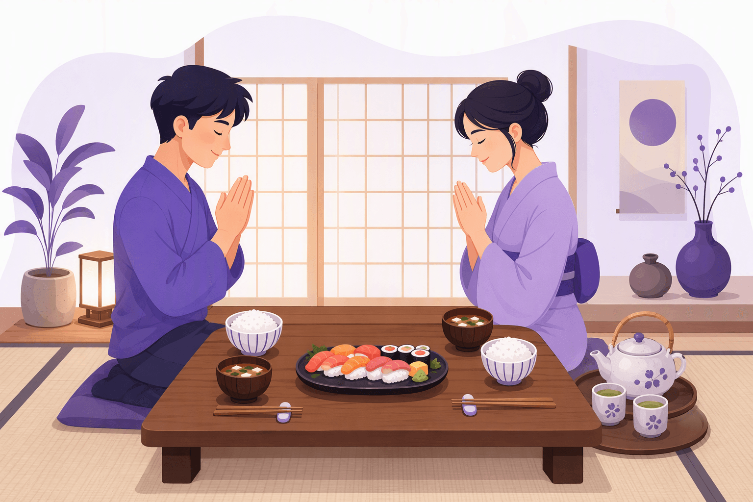Two people kneeling at a low table with palms pressed together before eating, with rice bowls, miso soup, a sushi platter and chopsticks resting neatly on ceramic chopstick rests