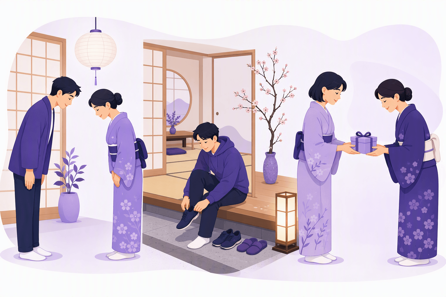 Three everyday moments of Japanese etiquette: two people exchanging a polite bow, a visitor taking off shoes at a raised genkan entryway beside neatly placed slippers, and a small wrapped gift being offered and received with both hands