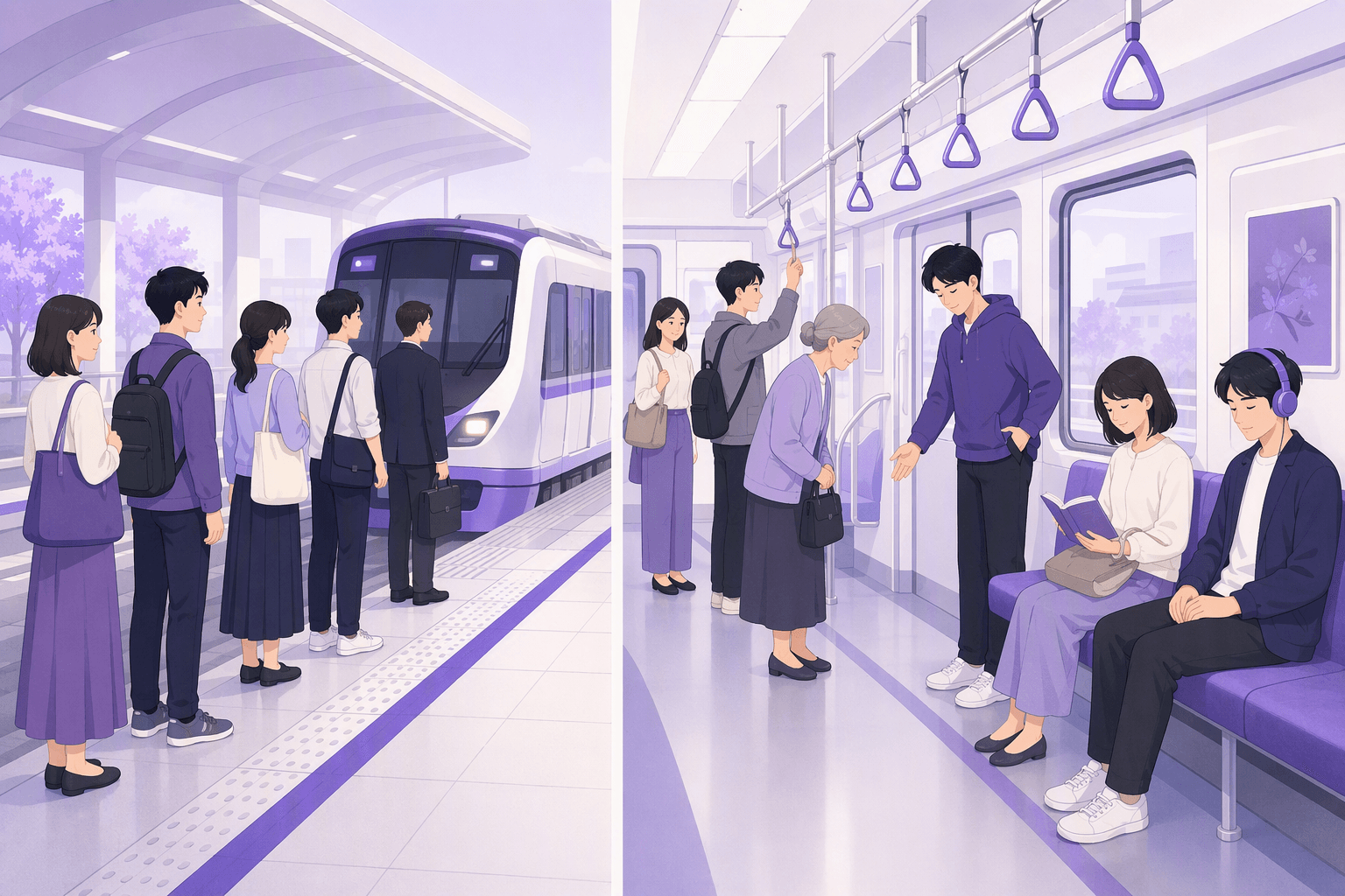 Commuters waiting in an orderly queue behind the platform line as a train arrives, and inside the carriage passengers reading, wearing headphones and offering a priority seat to an elderly passenger