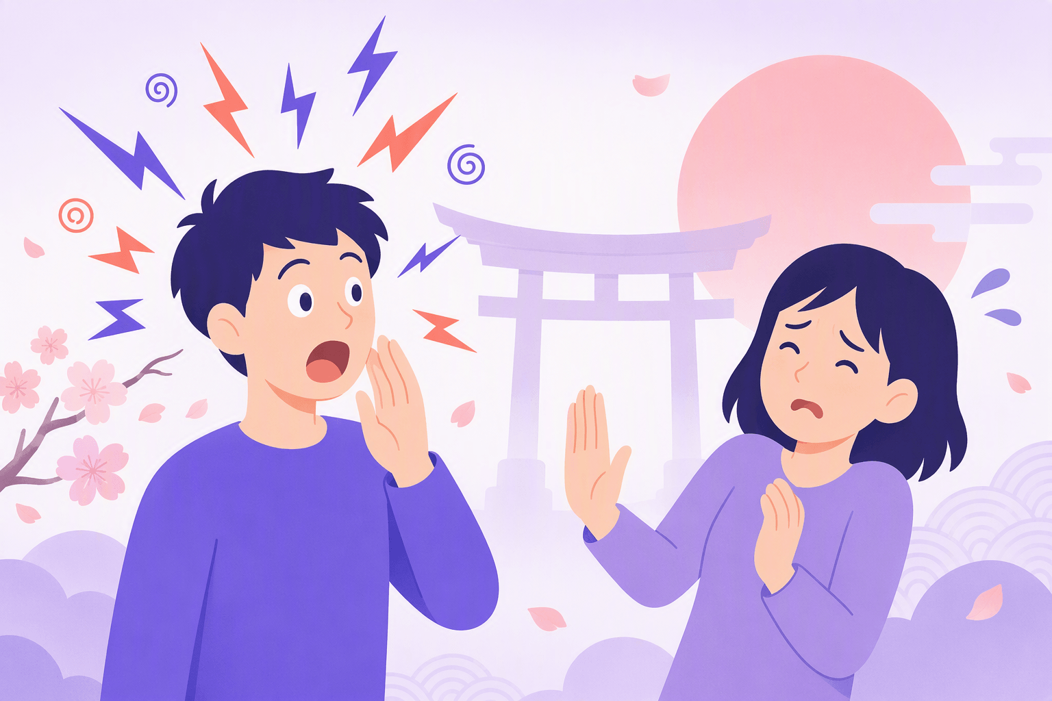 Illustration of a startled speaker with lightning bolts and spark marks bursting around his head while a second person leans back wincing with a raised palm, set against a soft torii gate and cherry blossom background