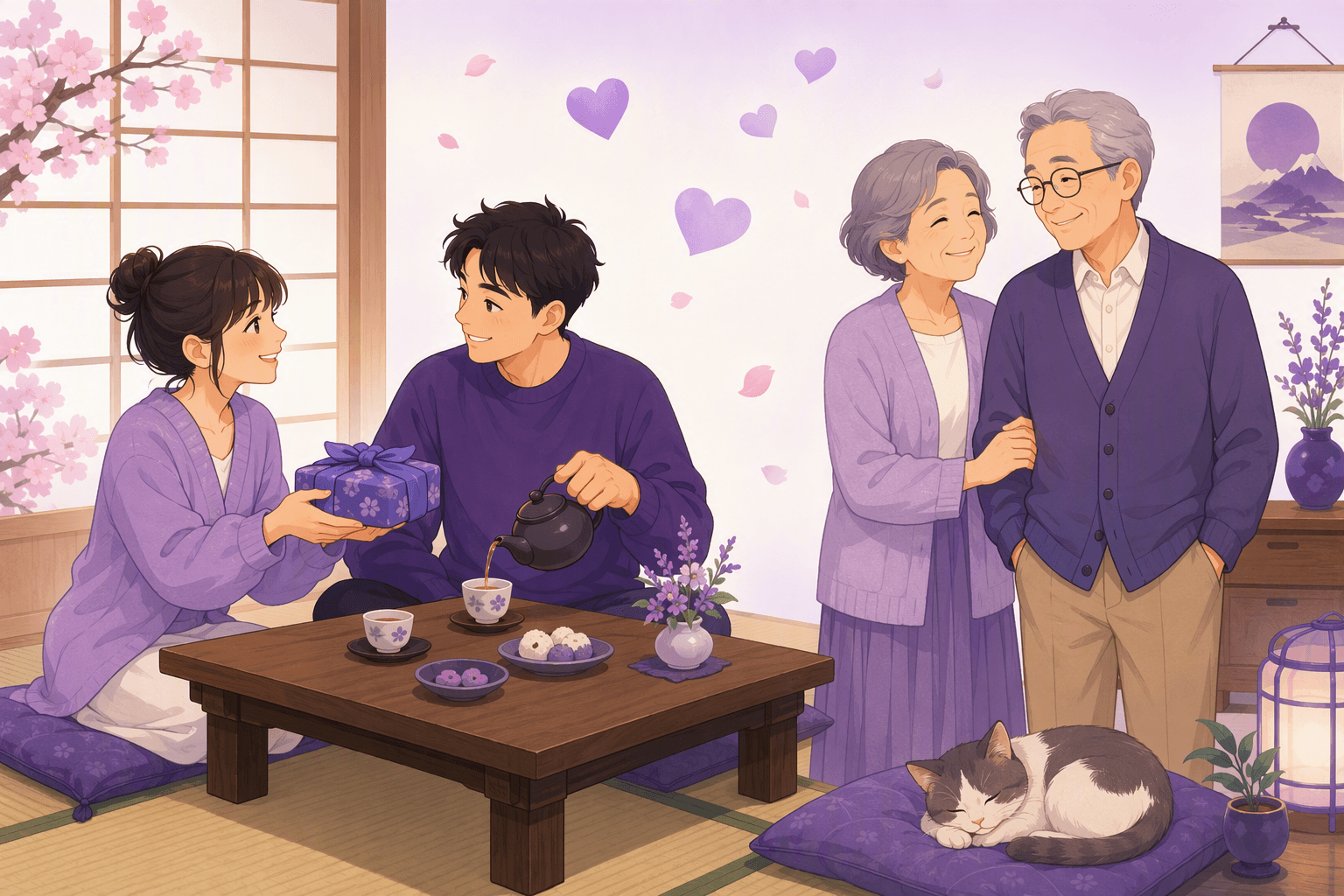A young Japanese couple sharing tea and a wrapped bento at a low table while an older couple stands close together nearby