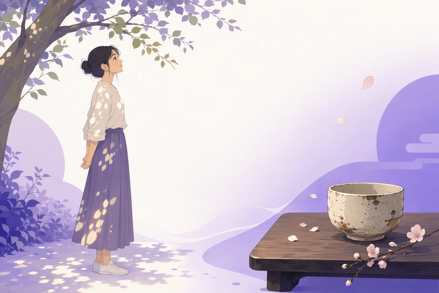 A woman standing under a leafy tree with dappled sunlight on her, next to a low wooden table holding a weathered tea bowl and a blossoming branch