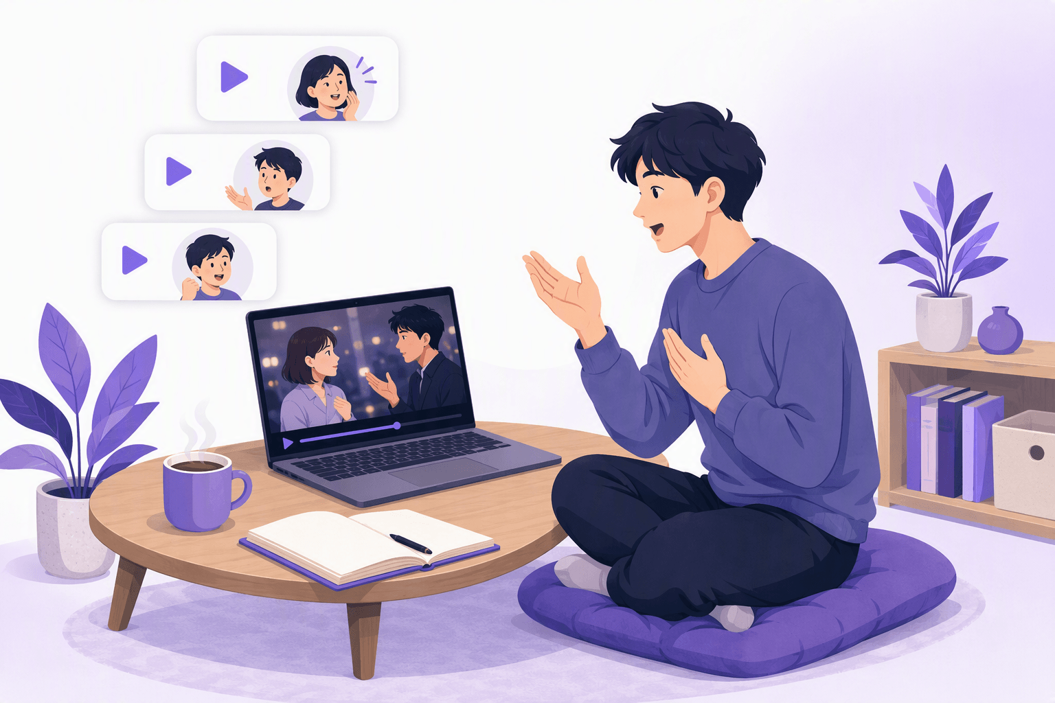 A learner sitting on a floor cushion beside a low table, repeating a line out loud while a paused conversation scene plays on a laptop, with small clip cards floating nearby