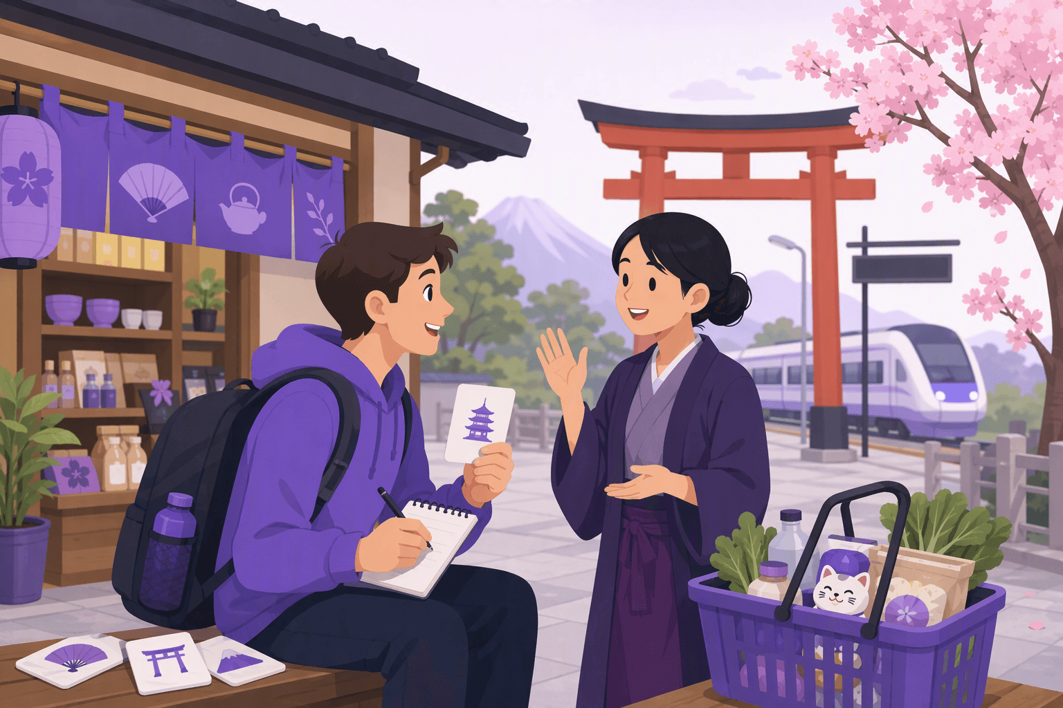 Flat-vector illustration of a traveler and local person practicing Japanese near a Japanese shop, with a notebook, blank flashcards, shopping basket, torii gate, train sign without lettering, and cherry tree.