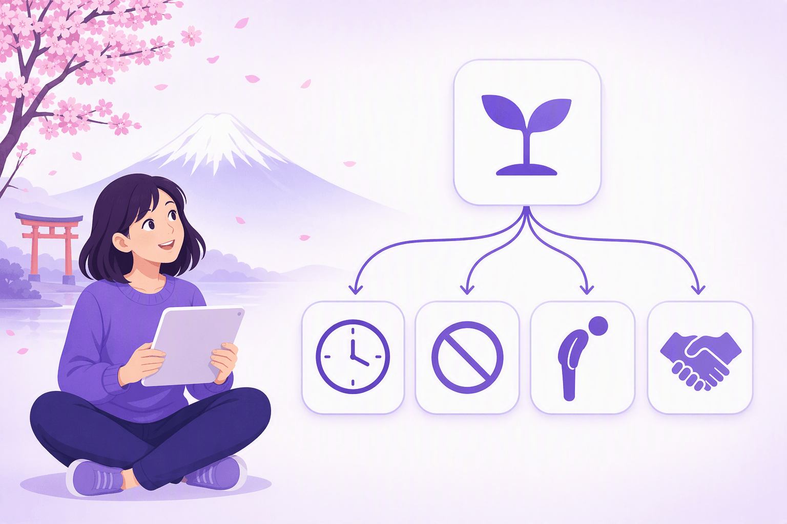 One Japanese verb root branching into four conjugated forms, drawn as connected icon cards for tense, negation, politeness and connection, with a torii gate and Mount Fuji in the background