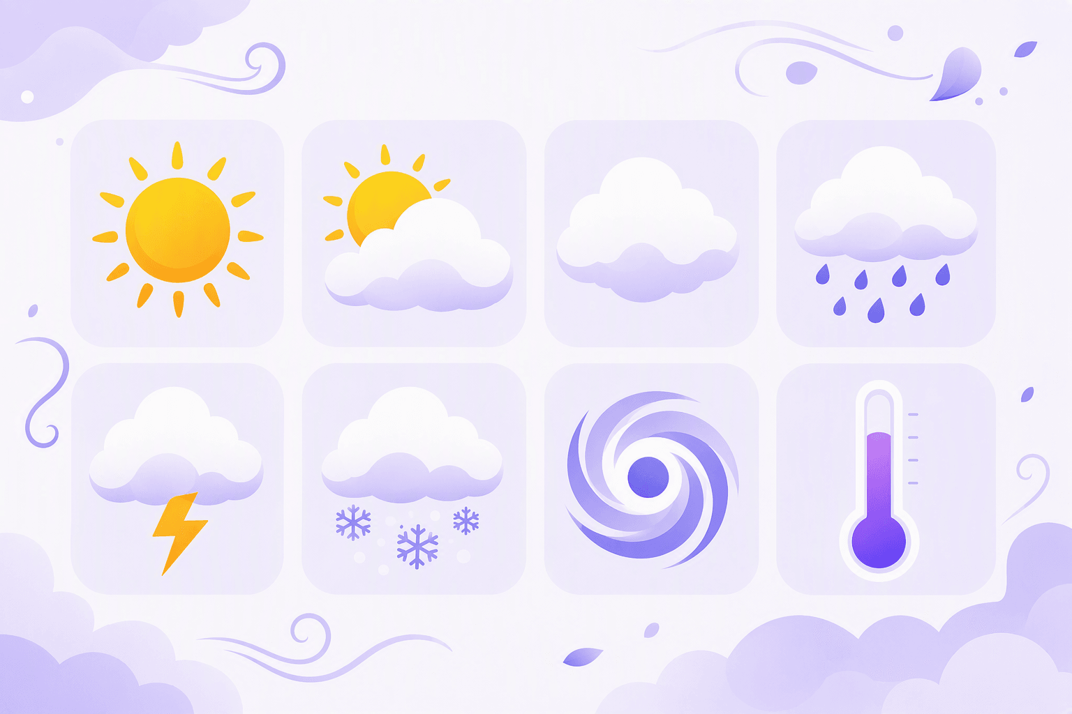 Flat weather symbols in a grid: sun, sun behind a cloud, cloud, rain, thunderstorm, snow, typhoon spiral and a thermometer