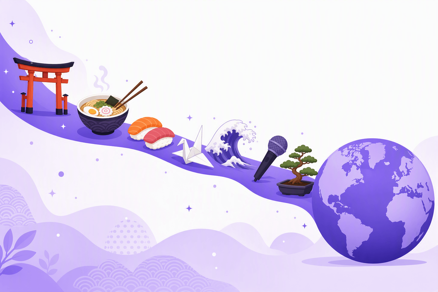 Japanese loanwords traveling into English: a torii gate, a ramen bowl, sushi, an origami crane, a wave, a karaoke microphone and a bonsai tree flowing along a purple ribbon toward a globe