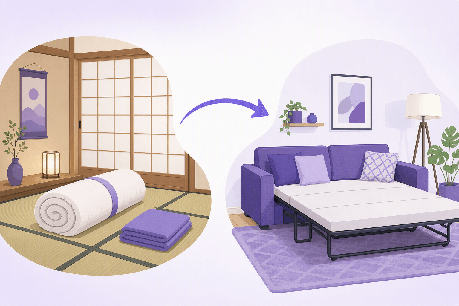 A rolled-up Japanese futon on a tatami floor beside a Western fold-out sofa bed, linked by an arrow, showing how the word futon changed meaning in English