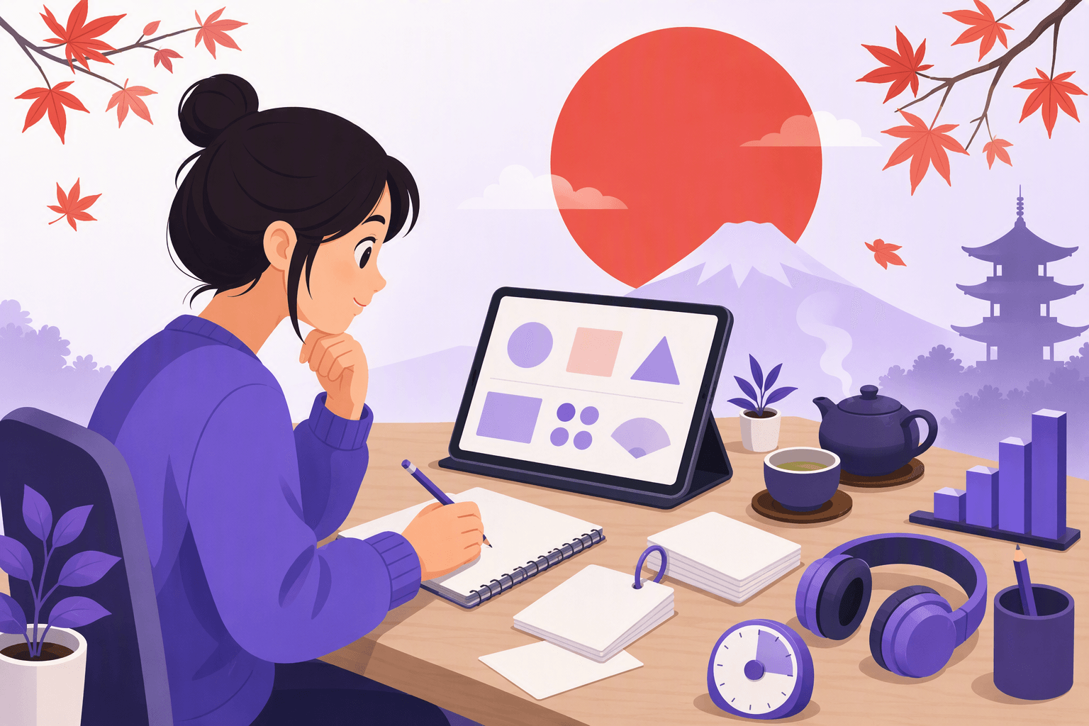 Flat-vector illustration of a beginner learner preparing for a Japanese proficiency test with study materials, a timer, headphones, progress chart, and Japanese-inspired decorative elements.
