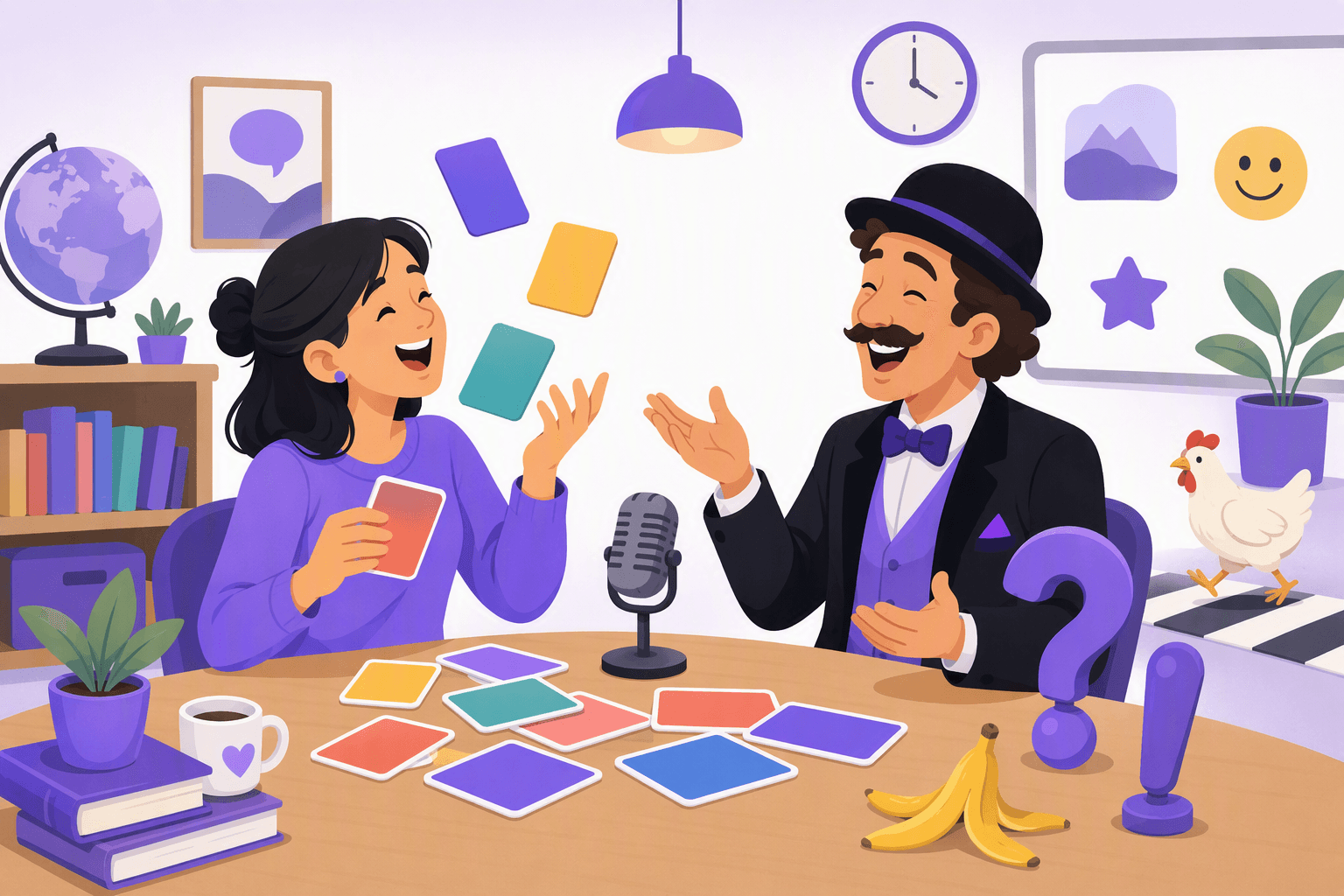 A cheerful language learner laughs with a bowler-hatted comedian beside a desk, face-down word cards, punctuation-shaped props, a microphone, a clock, and banana-peel and chicken-crossing gag objects in a colorful classroom.