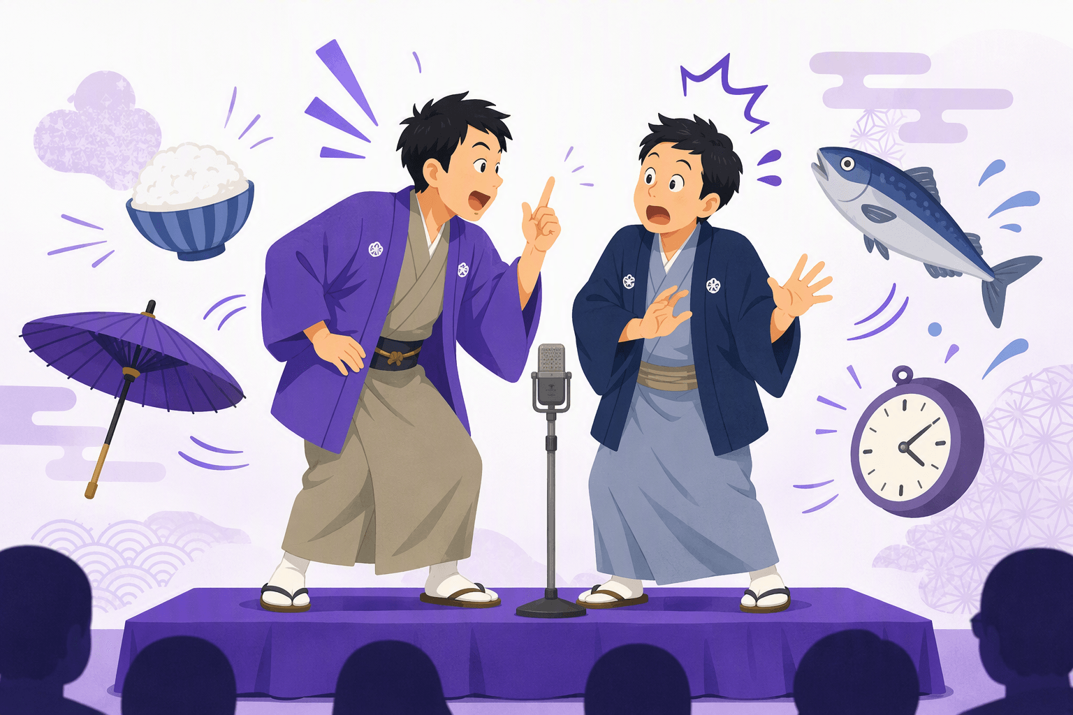 Flat-vector scene showing two Japanese comedy performers acting out exaggerated reactions on a small stage, surrounded by paired everyday objects that suggest sound-based wordplay.