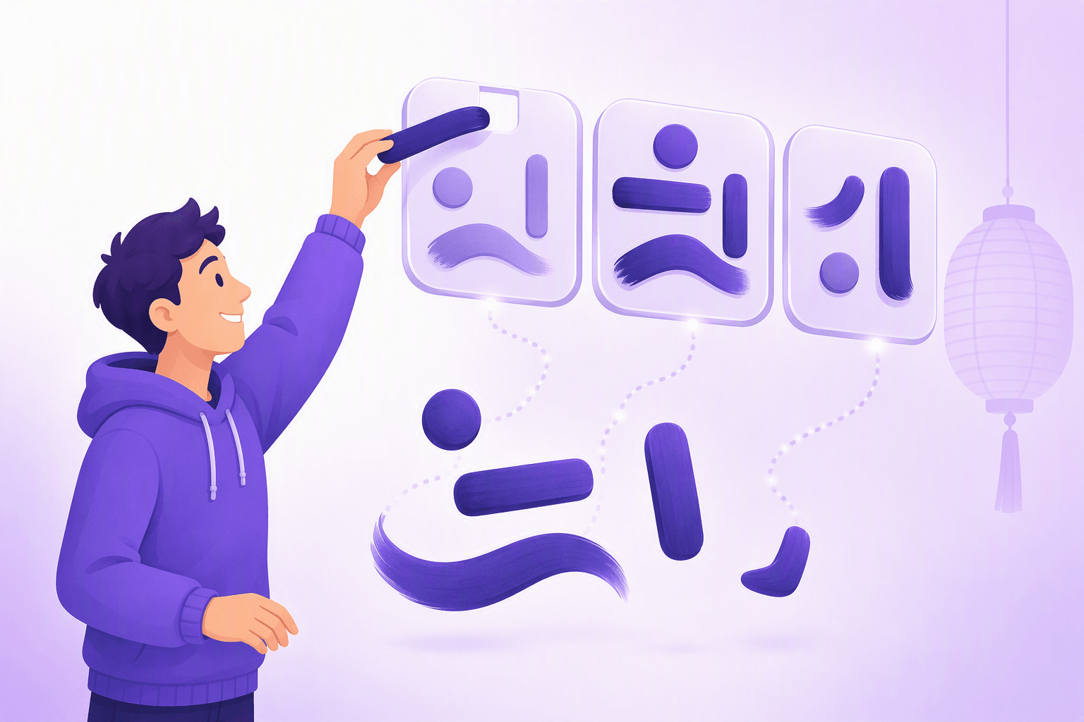 Smiling learner in a purple hoodie reaching up to slot a single thick abstract ink stroke into place, while loose brush shapes such as a dot, a bar and a sweeping curve float upward along dotted guide lines and snap together into three rounded tiles, illustrating how kanji are built from repeating components