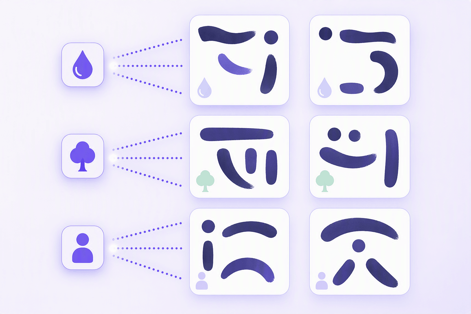 Diagram with three small chips on the left holding a water droplet icon, a tree icon and a person icon, each linked by dotted lines to its own pair of larger tiles built from abstract brush strokes that carry a faint echo of the same icon, showing how one recurring component hints at the meaning of a whole family of characters