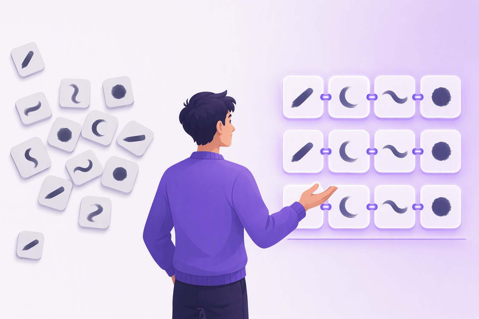 Learner in a purple sweater turning away from a scattered pile of pale, unconnected tiles on the left and gesturing toward three glowing rows on the right where the same tiles are clipped together into linked units, illustrating why kanji stick better inside whole words than as isolated characters