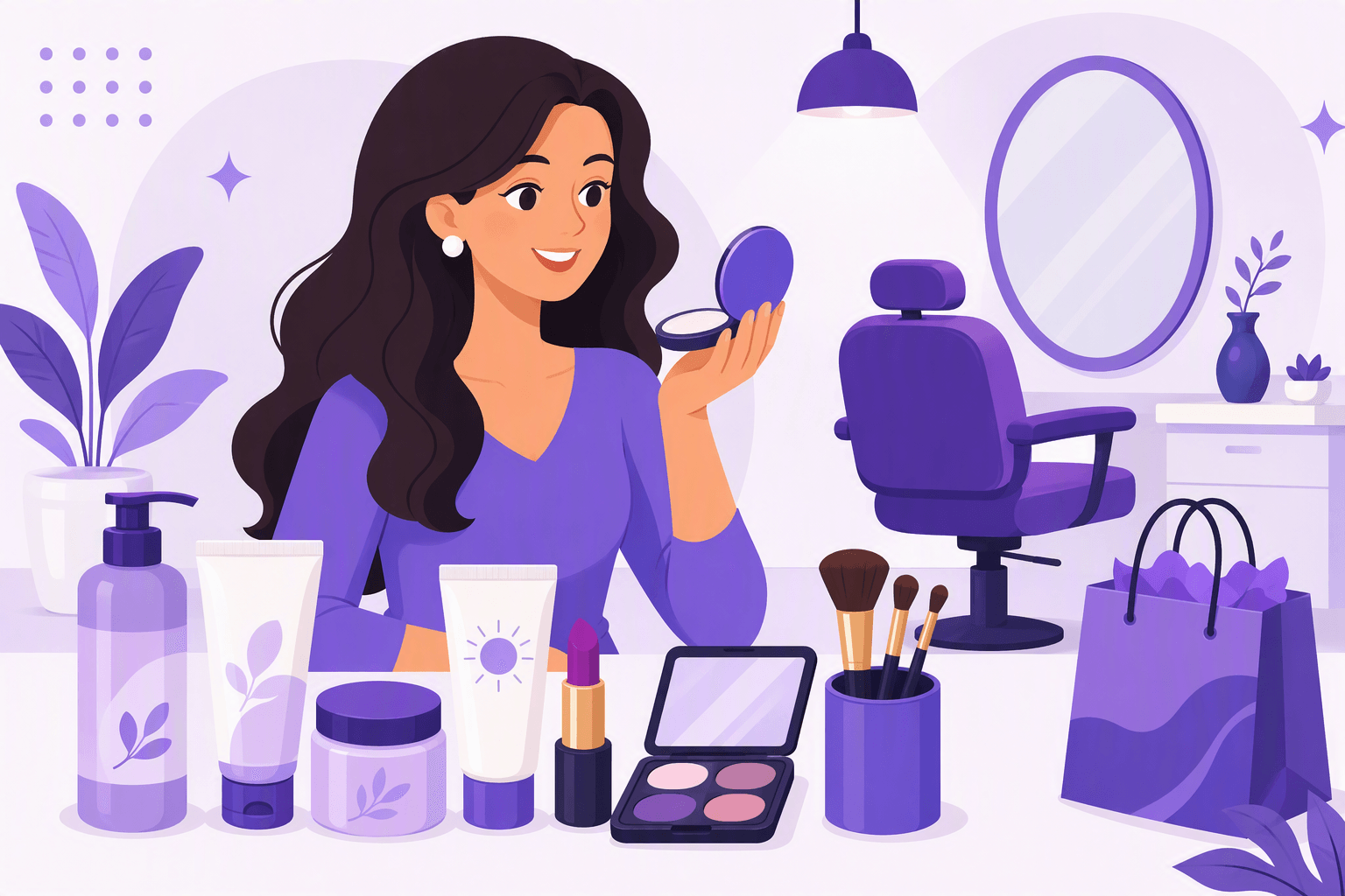Flat-vector illustration of a smiling woman with a compact mirror surrounded by skincare and makeup products, a salon chair, and a shopping bag.