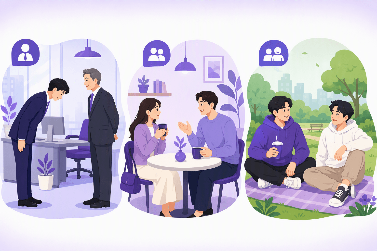 Flat-vector scene showing a Korean learner using respectful body language with an older colleague, polite interaction with a new acquaintance, and relaxed casual interaction with a close friend in different settings.