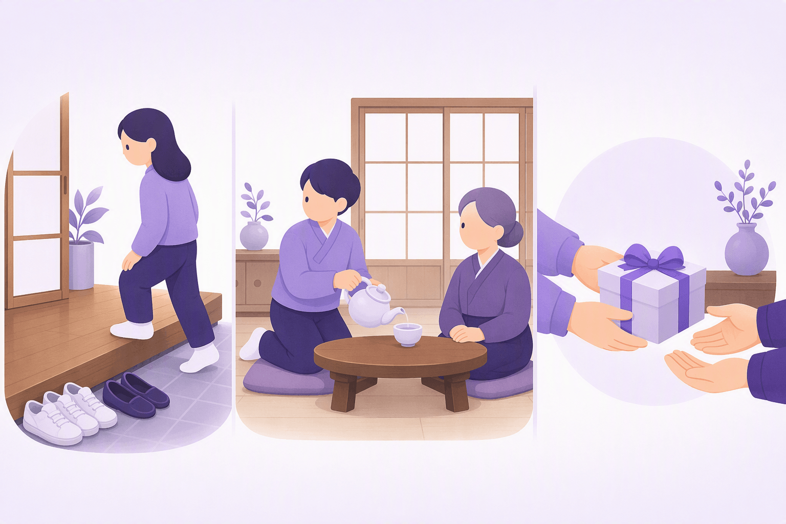 Three Korean home etiquette scenes: shoes left at a raised entrance, a younger person pouring a drink for an elder with both hands, and a wrapped gift offered with two hands