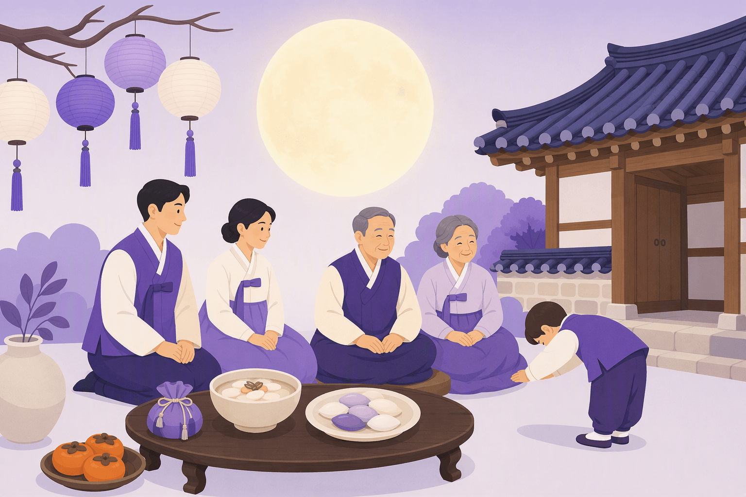 Korean family in hanbok gathered around a low table with rice cake soup and half-moon rice cakes under a full moon, a child bowing to elders beside a tiled hanok roof and paper lanterns