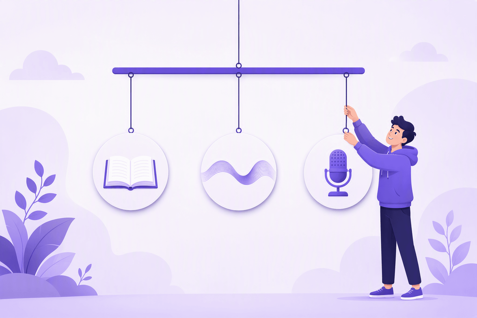 A hanging mobile resting in perfect balance, its three equal discs showing an open book, a sound wave and a microphone, while a learner reaches up to adjust one cord