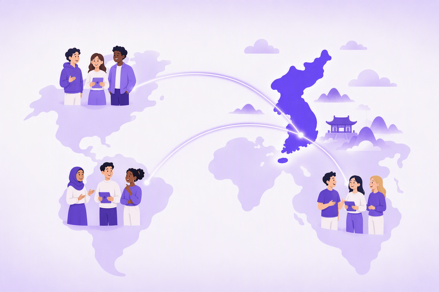 An unlabeled world map with the Korean peninsula highlighted in deep purple, with glowing arcs linking it to small groups of smiling people standing on other continents