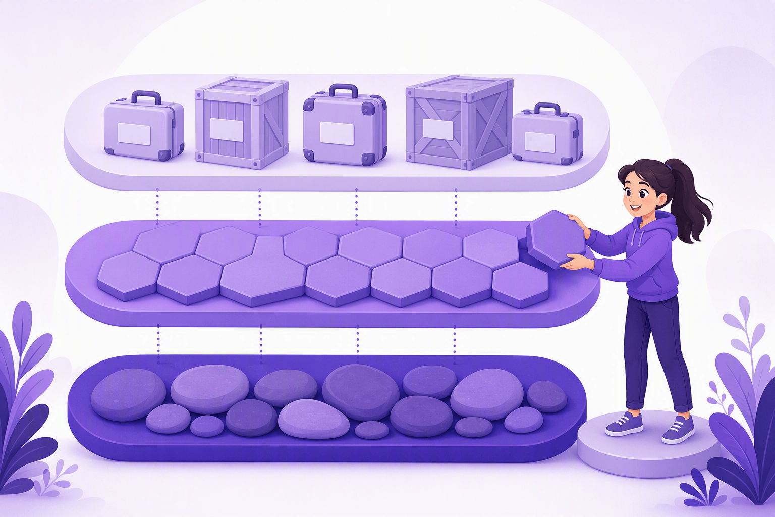 Three stacked rounded layers of a vocabulary: smooth pebbles in the deepest band, interlocking hexagonal tiles in the middle band, and small shipping crates and suitcases in the top band, with a learner lifting one hexagon out