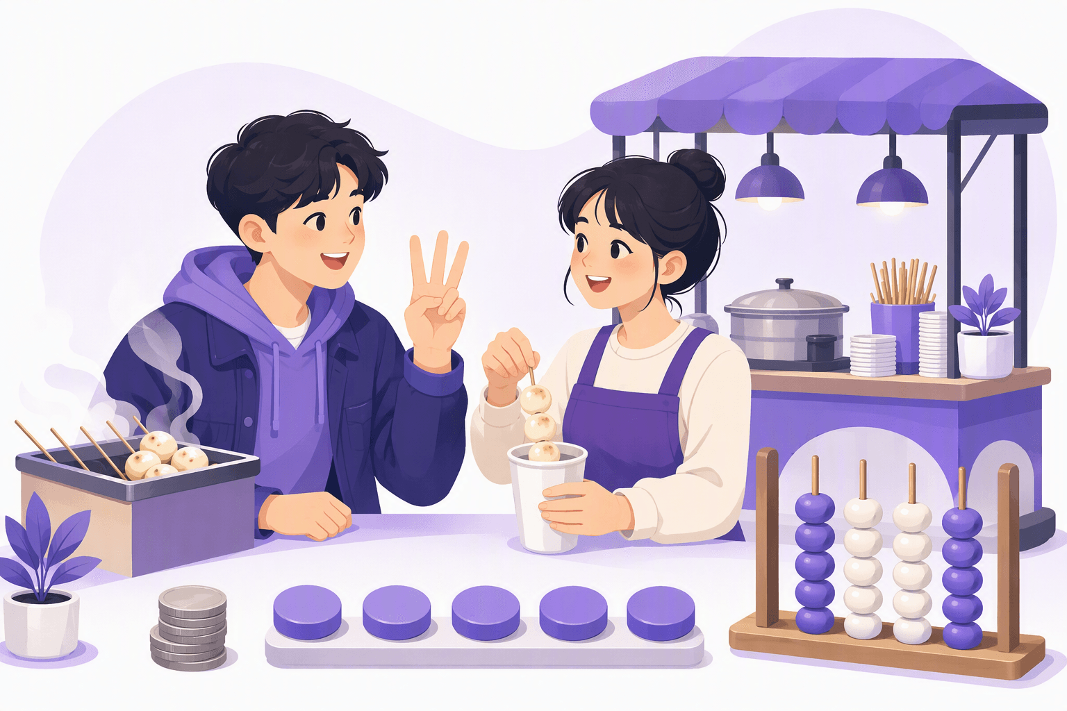 A customer at a Korean street-food stall holding up three fingers while the vendor drops three rice-cake skewers into a paper cup, with a stack of coins, a row of five counting tokens and a bead abacus on the counter