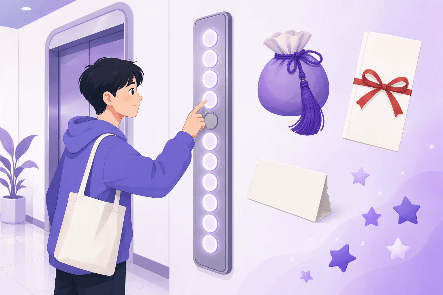A person in an apartment lobby pressing a tall elevator panel of round glowing buttons in which one middle button is greyed out and skipped, beside a traditional Korean silk lucky pouch with a tassel, a white gift envelope tied with a red ribbon and a blank folded ticket