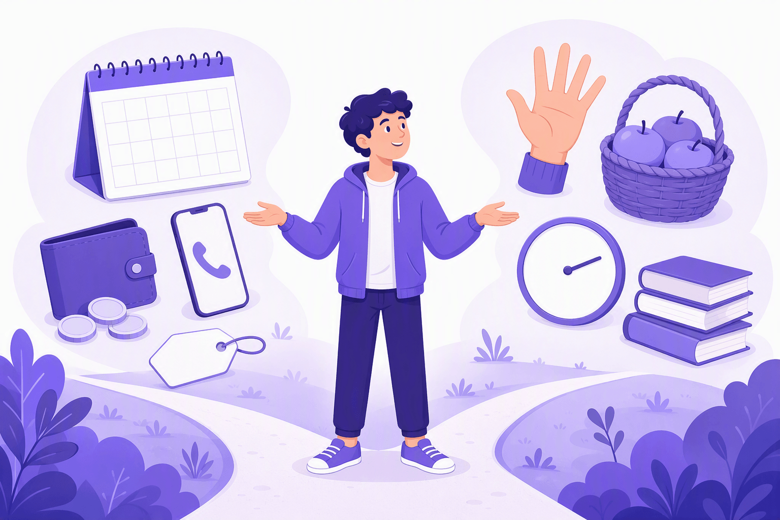 A person standing at a fork in a path, looking between a group of official objects on one side - a blank calendar grid, a wallet with coins, a phone and a price tag - and everyday objects on the other side - a hand with spread fingers, a basket of apples, a plain clock face and a stack of books