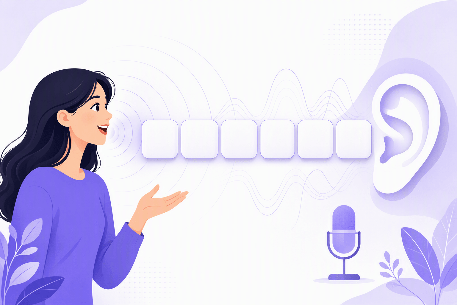 Illustration of a Korean speaker with sound waves traveling from her mouth across blank syllable blocks toward a listening ear