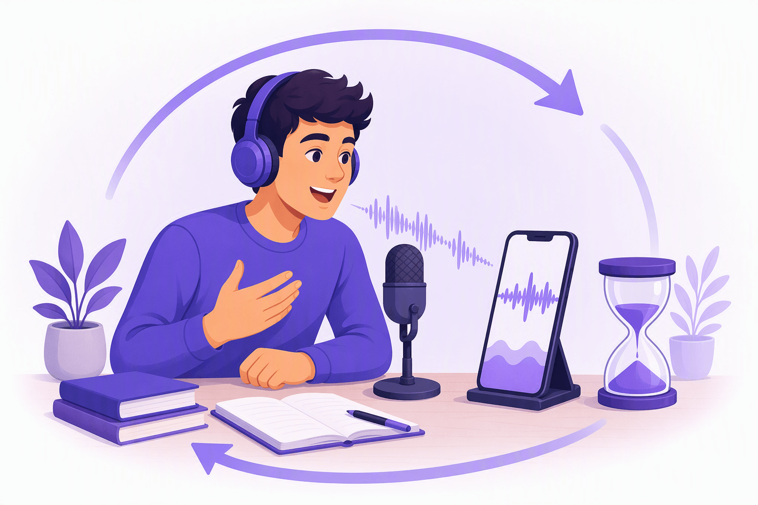 Illustration of a learner with headphones repeating a recorded line into a microphone next to a phone showing a waveform and an hourglass